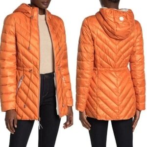 French connection packable down parka orange medium nwt